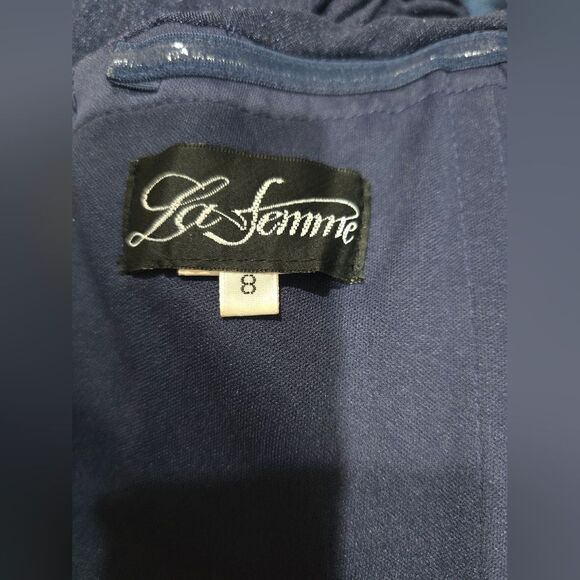 La Femme 30363 Long Ruched Gown with Off the Shoulder Top NWOT Size 8 Navy Blue - Picture 5 of 5